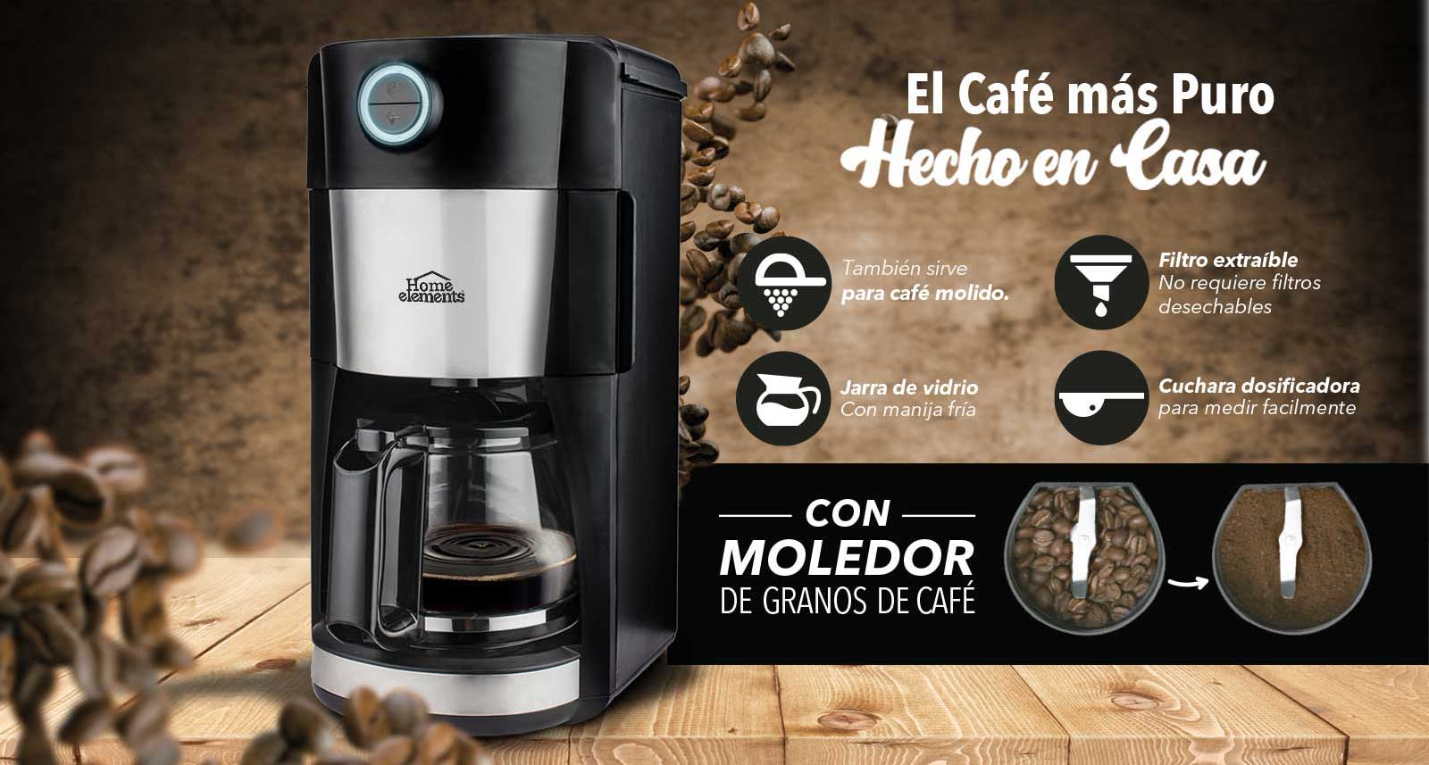 HE-6359 Cafetera Eléctrica con MOLEDOR de Café HOME ELEMENTS 12 Tazas  Negra-Acero Inox. Jarra de Vidrio - ÁBACO PyS - Filtro Purificador de Agua  (Quindío - Colombia)